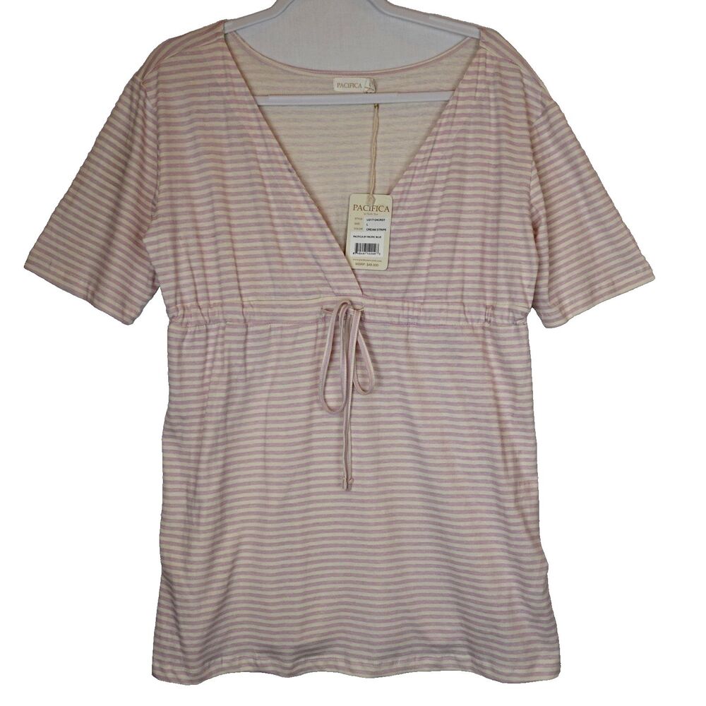 Pacifica by Pacific Blue Womens Large Pink Cream Stripe Empire Waist Top NWT